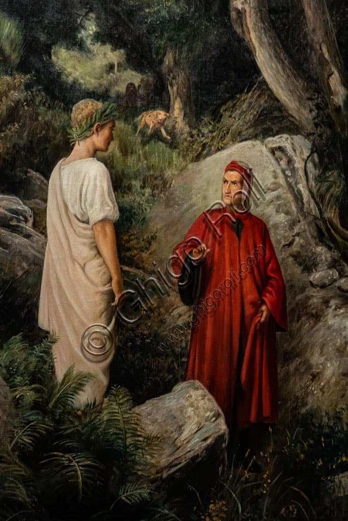 Particolare dipinto ad olio Dante incontra Virgilio, Pietro Senno 1901, illustrazione Divina Commedia Alinari
