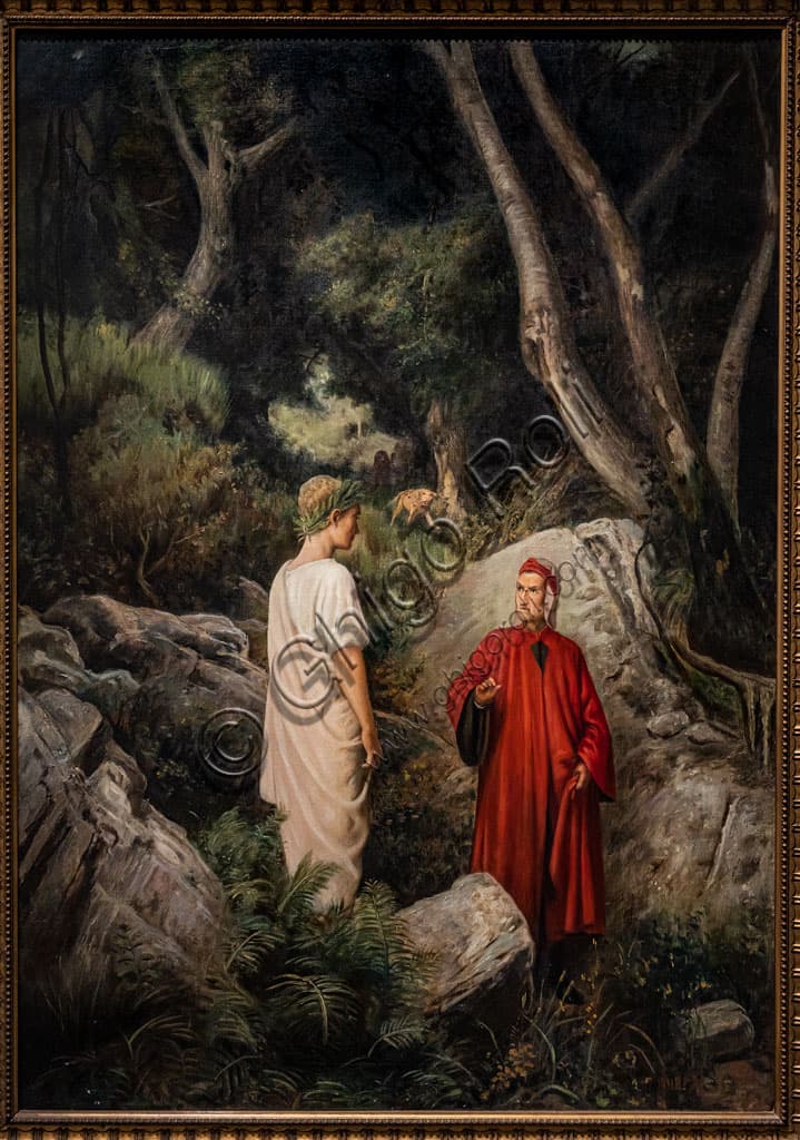 Dipinto Dante incontra Virgilio Inferno canto I di Pietro Senno, olio su tela 1901, edizione Fratelli Alinari