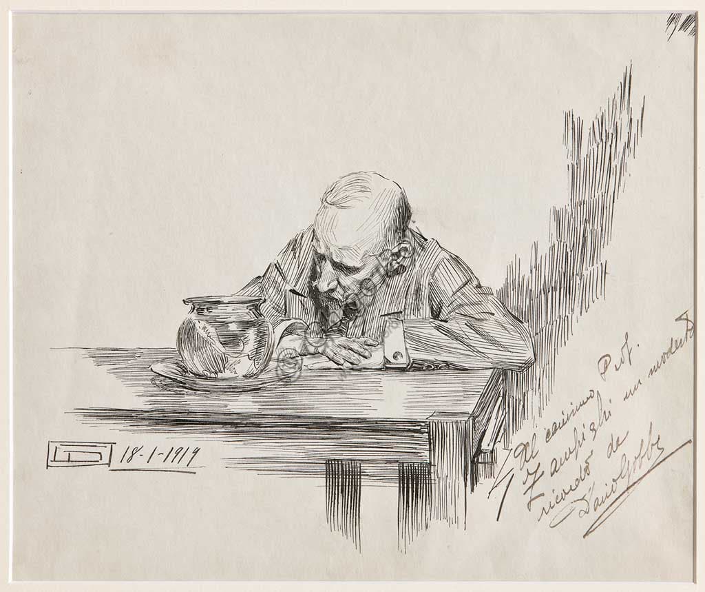 Pen and ink on paper drawing by Dario Gobbi Man sitting at table and meditating 1919