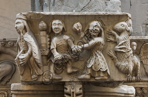 Medieval sculpture of David, capital of St. Gotthard doorway, Genoa Cathedral Italy