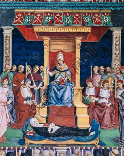 Dettaglio degli abbigliamenti rinascimentali nell'affresco di Pinturicchio sulla canonizzazione di Santa Caterina da Siena