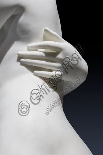 Sculptural detail of The Graces and Cupid by Thorvaldsen: close-up of the embrace and a hand in Carrara marble.