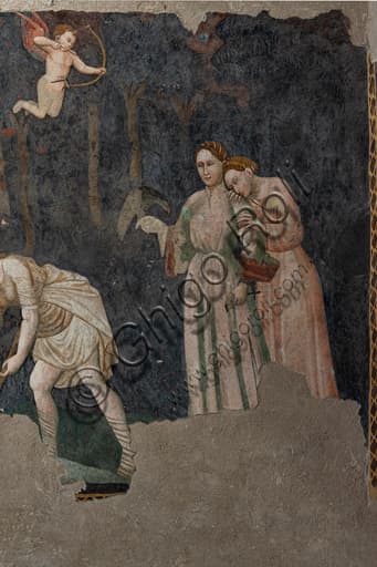 Detail of chivalric frescoes with courtly lady, Camera Pinta, Rocca Albornoz Castle in Spoleto, Italian medieval art
