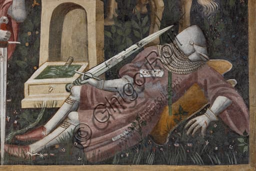 Detail of chivalric fresco with knight, Painted Room, Rocca Albornoz fortress, Spoleto, late Gothic art