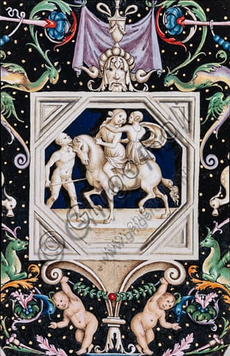 Dettaglio affresco grottesche Libreria Piccolomini Siena, grisaille fanciulle a cavallo, Duomo