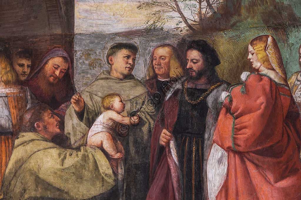 Detail fresco The baby proclaims the innocence of the mother by Tiziano Vecellio, 1511, Scuola del Santo Padua