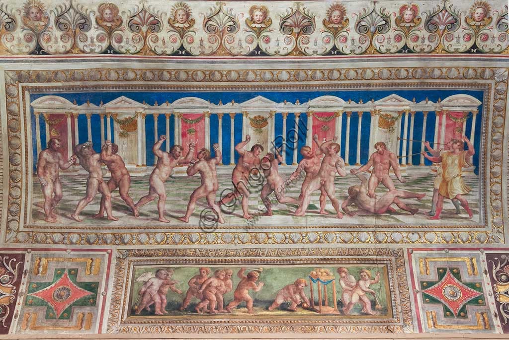 Detail of the Pancrazio fresco, ancient combat sport, on the ceiling of the Hall of Games in the Estense Castle, Ferrara, Italy.