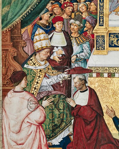 Dettaglio affresco Pinturicchio, Enea Silvio Piccolomini riceve il cappello cardinalizio da Papa Callisto III