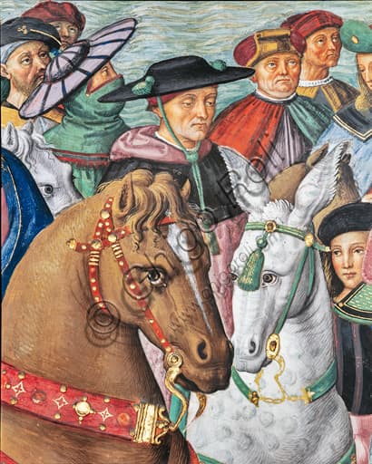 Detail of Pinturicchio fresco: cardinal and harnessed horses, Piccolomini Library Siena Cathedral