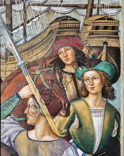 Detail Pinturicchio fresco Piccolomini Library: halberdier, pages and sailing ships, Renaissance art