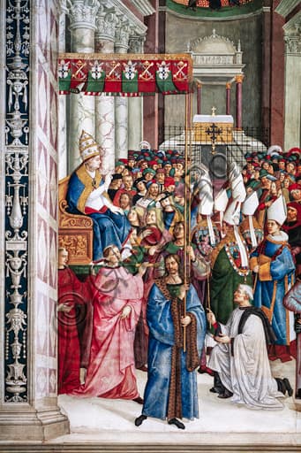 Dettaglio affresco Pinturicchio - Enea Silvio Piccolomini eletto Papa Pio II entra in San Pietro, 1458, Duomo di Siena