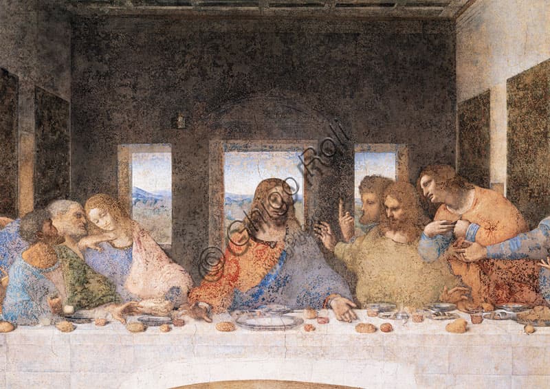 Dettaglio ravvicinato dell'affresco L'Ultima Cena di Leonardo da Vinci nel refettorio di Santa Maria delle Grazie a Milano