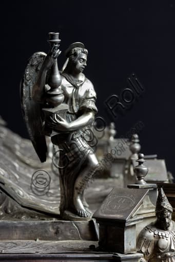 Detail of a gilded silver angel on the Processional Ark of Corpus Christi, Museum of the Treasury of San Lorenzo Cathedral, Genoa, Liguria, Italy