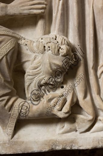 Sculptural detail of an apostle kissing Christ's foot, from the funeral monument of Cardinal Luca Fieschi, Genoa