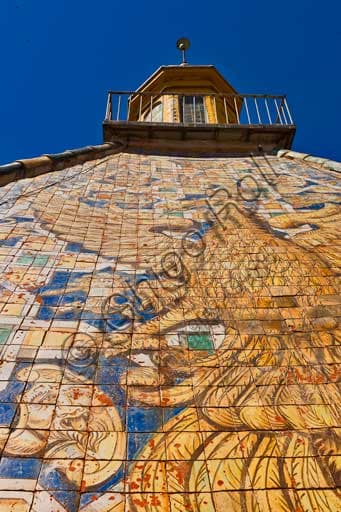 Detail of the polychrome majolica decoration depicting an eagle on the pyramidal roof of the Porta Nuova Tower, Palace of the Normans, Palermo.