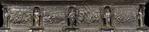 Detail of the silver Processional Ark of Corpus Christi in Genoa: reliefs of Christ's Passion and figures of the Apostles.