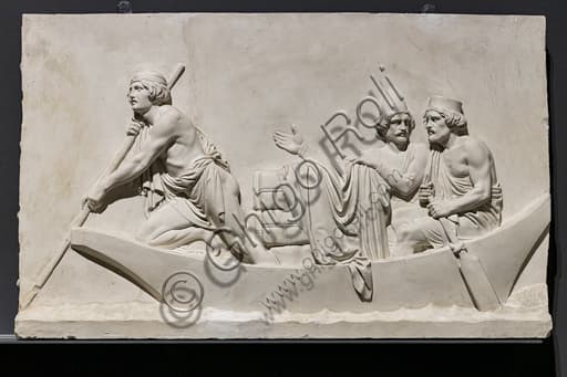 Detail with men and a boat from the frieze The Entry of Alexander the Great into Babylon by Bertel Thorvaldsen, Neoclassical plaster work.