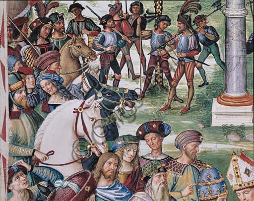 Dettaglio affresco Pinturicchio: cavallo bianco primo piano e uomini armati sfondo, scena incontro Enea Silvio con Eleonora d'Aragona e Federico III