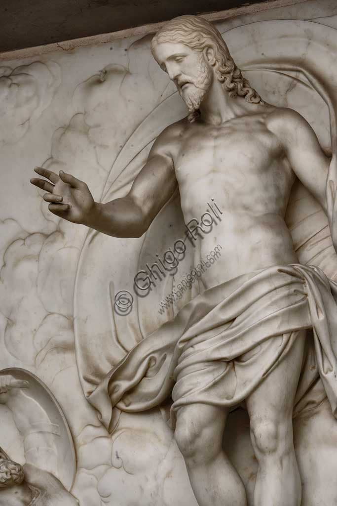 Sculptural detail of the Resurrected Christ, marble high-relief by Giovanni Antonio Buzzi in the Basilica of Santa Croce