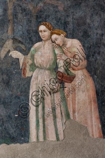 Detail fresco female figures Camera Pinta, Rocca Albornoz Spoleto - late Gothic mural painting