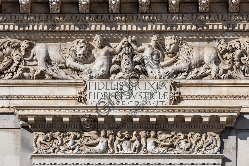 Architectural detail of the white Botticino marble facade, Palazzo della Loggia, Brescia