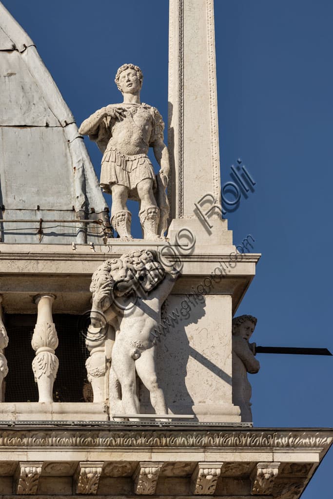 Architectural detail of the white Botticino marble facade with statues, Palazzo della Loggia, Piazza della Loggia Brescia Italy
