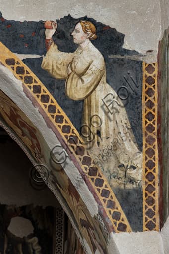 Fresco detail Painted Room Spoleto: courtly female figure playing with a ball, Rocca Albornoz castle