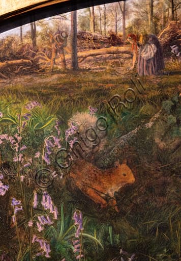 Particolare del dipinto La Figlia del Boscaiolo di Arthur Hughes, figura femminile preraffaellita nella natura