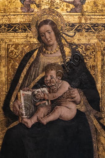 Detail of Madonna of the Rabbit, Renaissance mixed media artwork by Hans Clemer, gold on panel