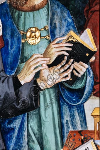 Dettaglio mani ambasciatore con libro, affresco Dieta di Mantova di Pinturicchio, Libreria Piccolomini Duomo Siena