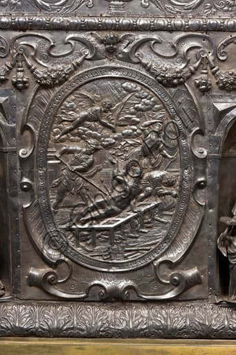 Detail of the martyrdom of Saint Lawrence, silver altar antependium by Melchior Suez, Treasury Museum San Lorenzo Genoa