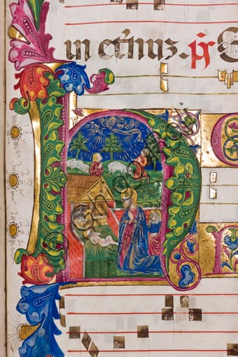 Detail Nativity miniature Genoese Antiphonary 1472-1482 Diocesan Museum Genoa Italy