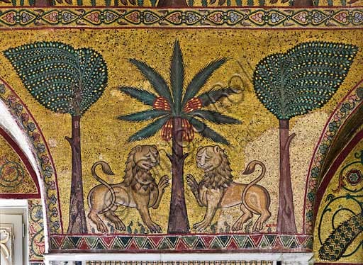 Detail Byzantine mosaic Norman Palace Palermo: lions among banana and palm trees