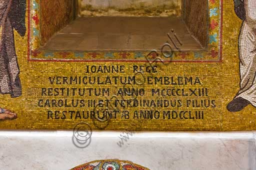 Detail mosaic inscription 1753 restoration, Palatine Chapel, Royal Palace of Palermo (Palazzo dei Normanni)