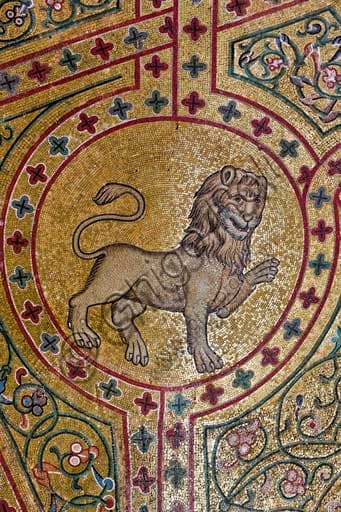 Detail of mosaic depicting a lion, part of the vault decoration with animal mosaics in the King Roger Room, Palace of the Normans, Palermo