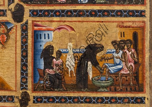 Painting detail Bardi Altarpiece - Saint Francis holding and washing feet of lepers, Basilica of Santa Croce Florence Italy