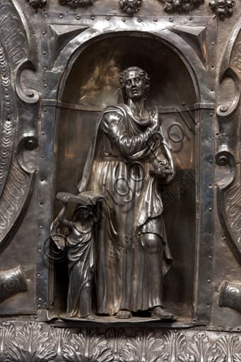 Detail of the antependium altar frontal depicting Saint Matthew the Apostle, silverwork by Melchior Suez, Genoa Cathedral Treasury