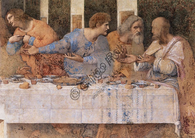 Dettaglio della parte destra de L'Ultima Cena, affresco di Leonardo da Vinci nel Cenacolo di Milano