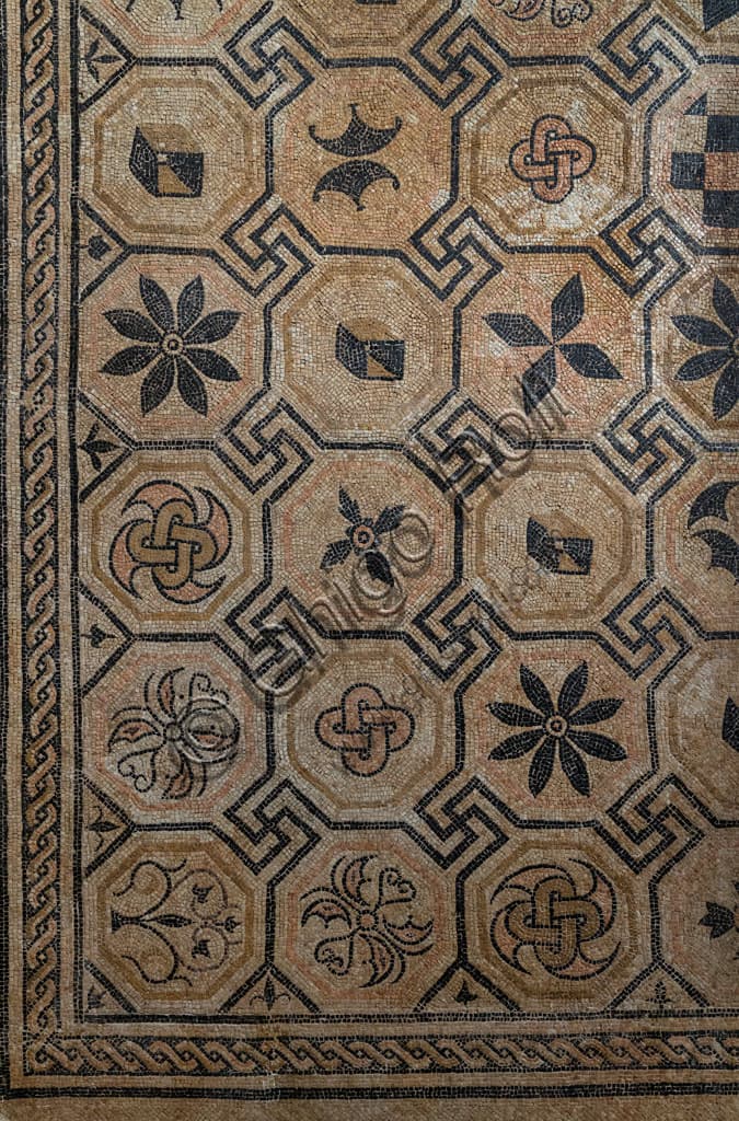 Detail of Roman mosaic floor with central figured panel, San Rocchino Street excavations, Santa Giulia Museum Brescia