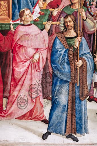 Dettaglio affresco Pinturicchio con cardinale sediario e gentiluomo che regge il baldacchino di Papa Pio II, Duomo di Siena