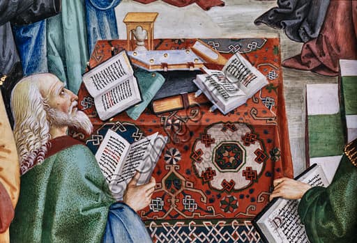 Dettaglio affresco Pinturicchio: dotto abbigliamento orientale e libri, Libreria Piccolomini Duomo Siena