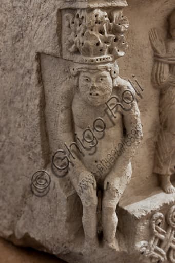 Sculptural detail of the Sarcophagus of St. Isaac, a 12th-century Romanesque limestone carving, National Museum of the Dukedom of Spoleto.