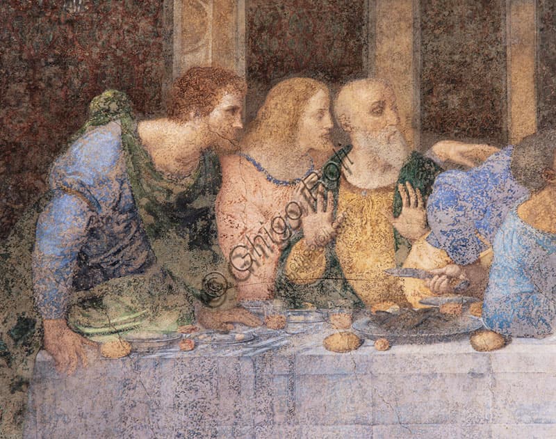 Dettaglio sinistro Ultima Cena Leonardo da Vinci: figure di Bartolomeo, Andrea e Giacomo. Affresco, 1495-1497.