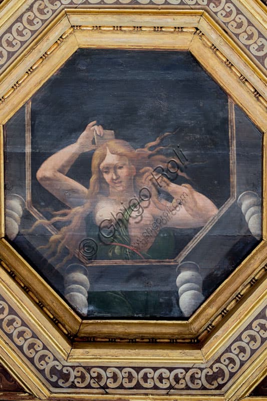 Detail coffered ceiling with woman combing hair, Chamber of the Victories, Palazzo Te Mantua, Agostino da Mozzanica 1528