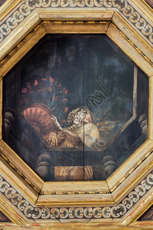Detail of the coffered ceiling in Palazzo Te, Mantua: panel painting by Agostino da Mozzanica depicting a woman and a vase of carnations on a balcony.