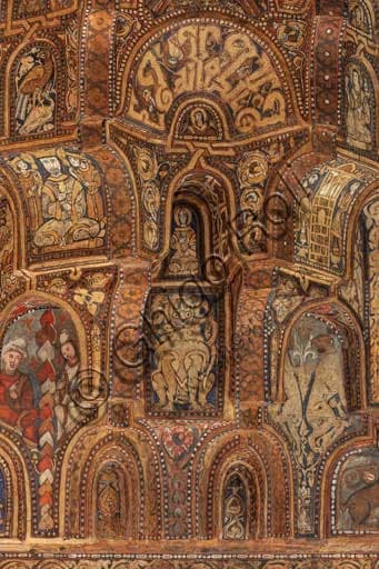 Detail muqarnas ceiling paintings Palatine Chapel Palermo, human figures and Kufic inscriptions 1143