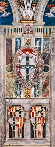 Dettaglio stemmi cardinale Todeschini Piccolomini e Piccolomini-Aragona, affresco di Pinturicchio, Libreria Piccolomini, Duomo di Siena