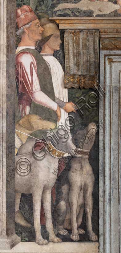 Detail of Mantegna's Camera degli Sposi fresco: men and dogs in the central 'Meeting' scene, Ducal Palace Mantua