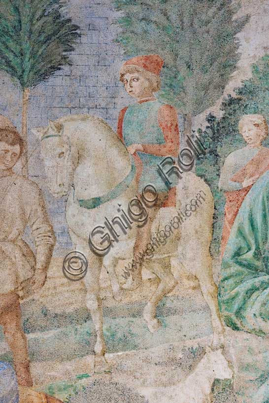 Uomo a cavallo e alberi, dettaglio dell'affresco della Torre di Babele di Benozzo Gozzoli, Camposanto di Pisa