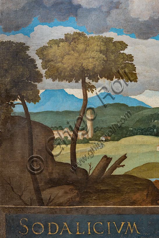 Detail of the Madonna of the Stars altarpiece showing trees, clouds, and the Renaissance view of Vicenza, Church of Santa Corona